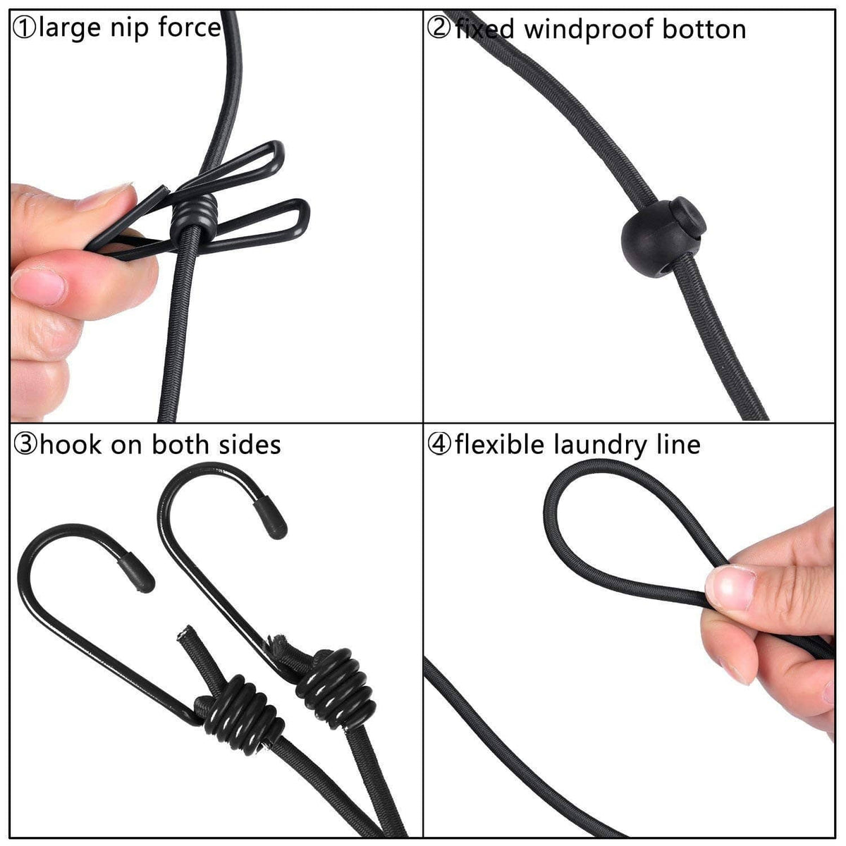 Black portable clothesline with windproof clasp and hook clips
