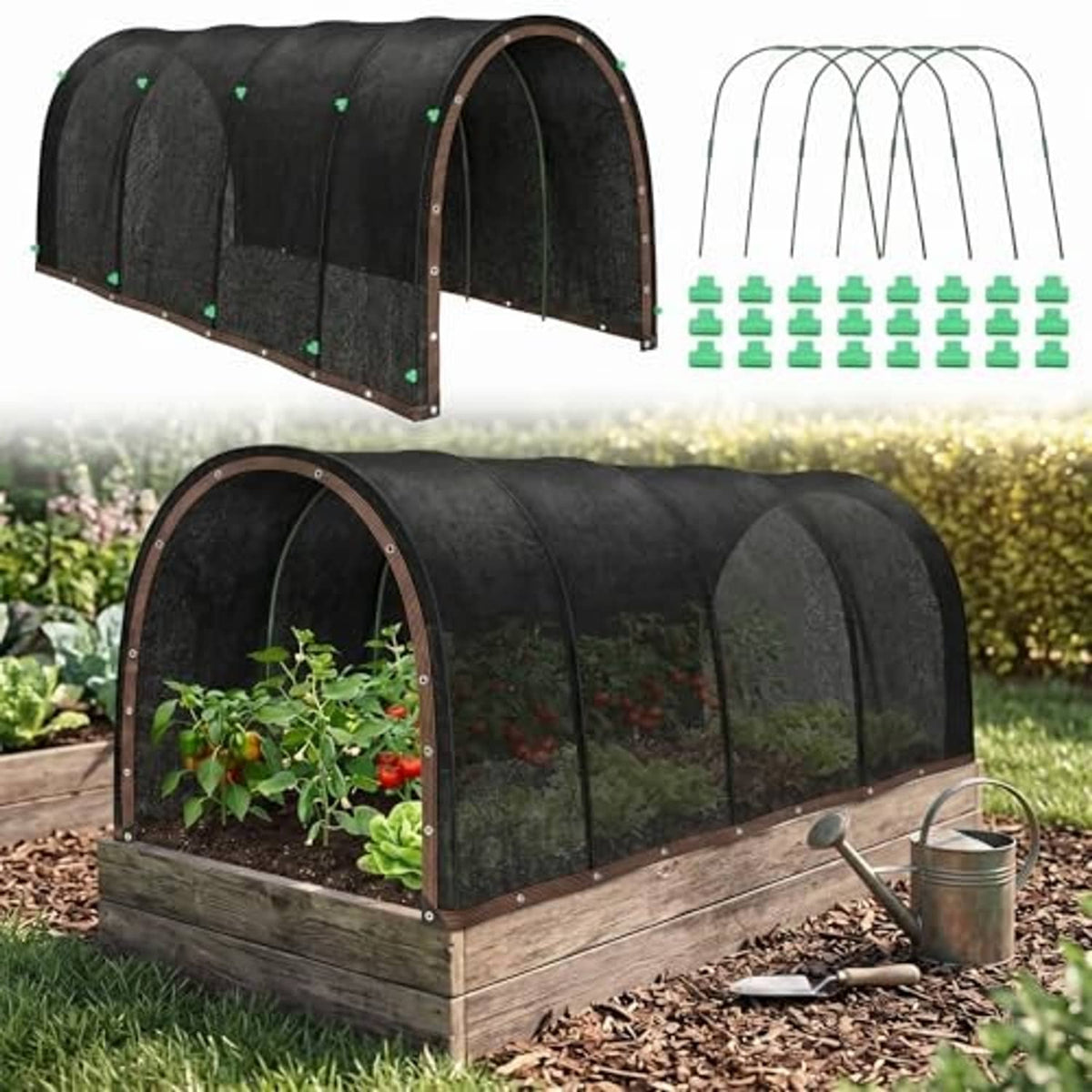 Black arched garden shade tent kit with hoop frame and ground pins