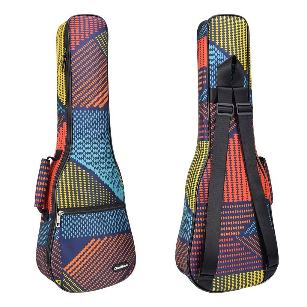 Backpack-style tenor ukulele gig bag shown front and back with adjustable straps