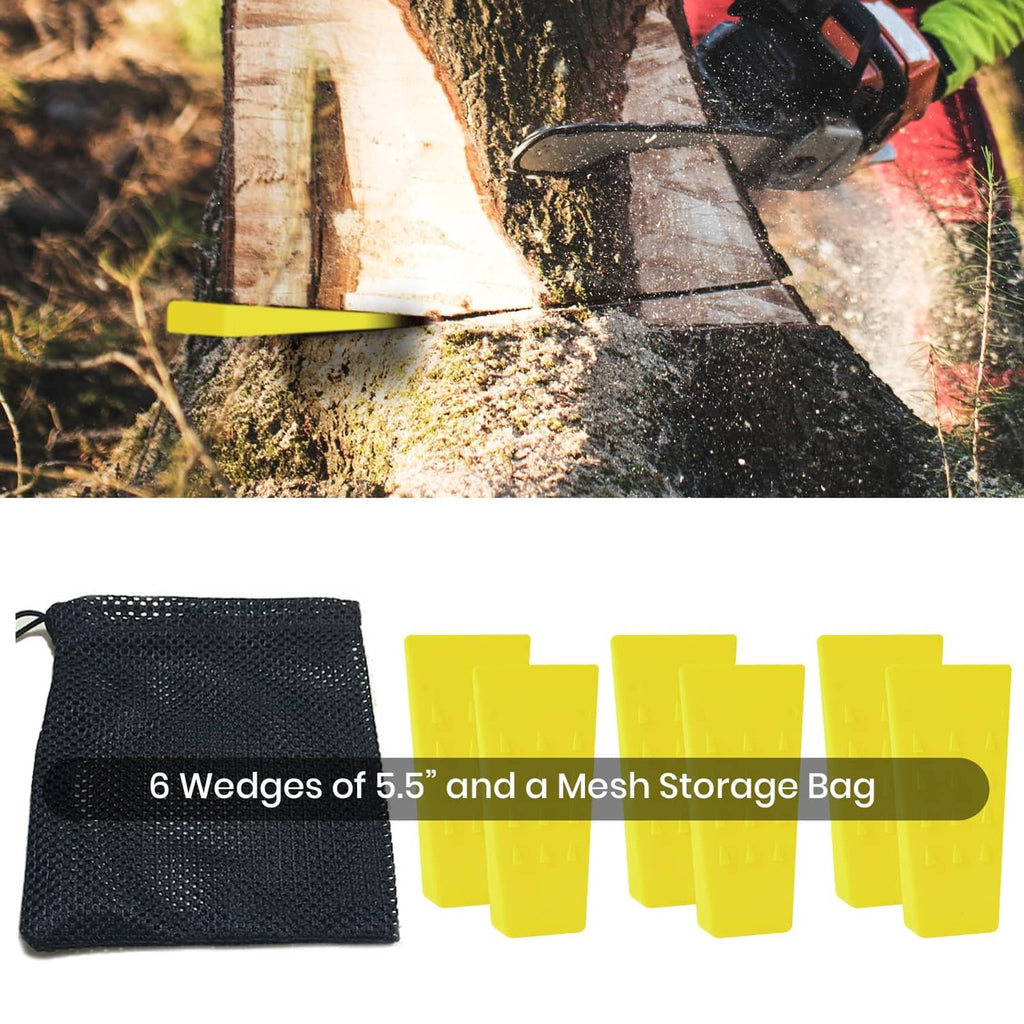 6-pack of yellow spiked tree felling wedges with mesh storage bag
