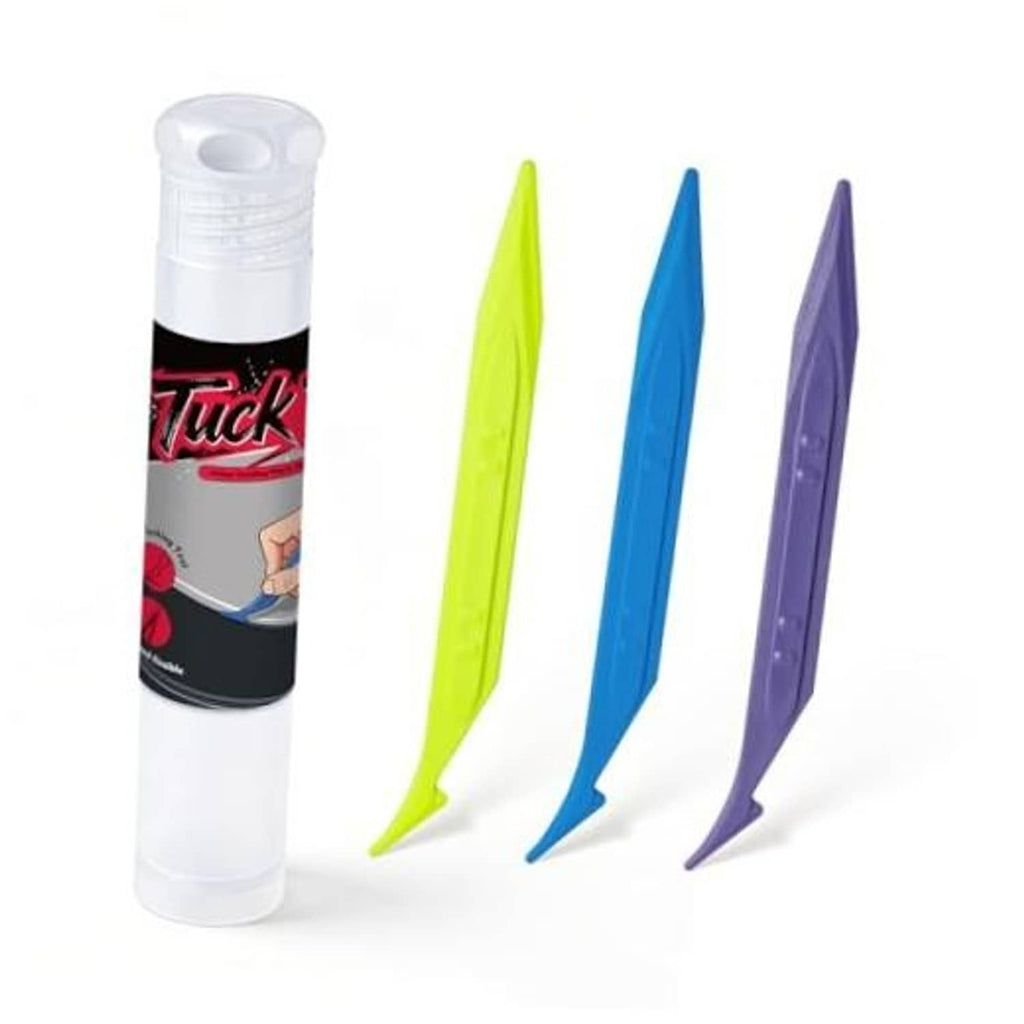 Vinyl wrap tucking tool kit with three double-edge tools: lime, blue, and purple