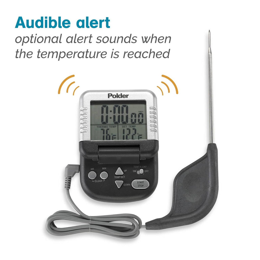 Polder digital meat thermometer with probe and optional audible alert, shown with display