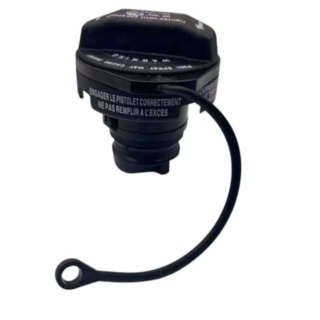 Black fuel tank filler cap with warning label text and attached hose
