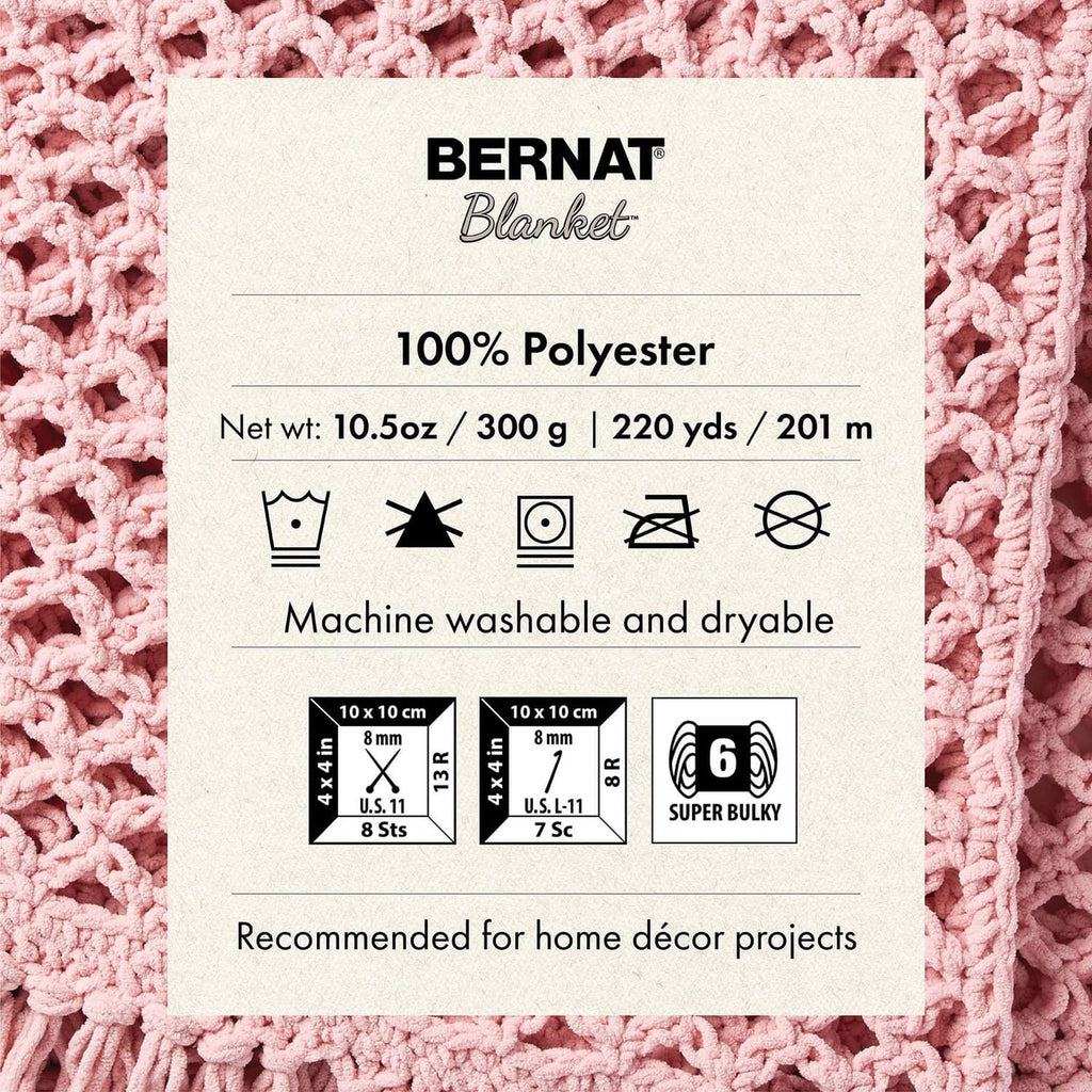 Bernat Blanket yarn label on textured pink chenille crochet fabric
