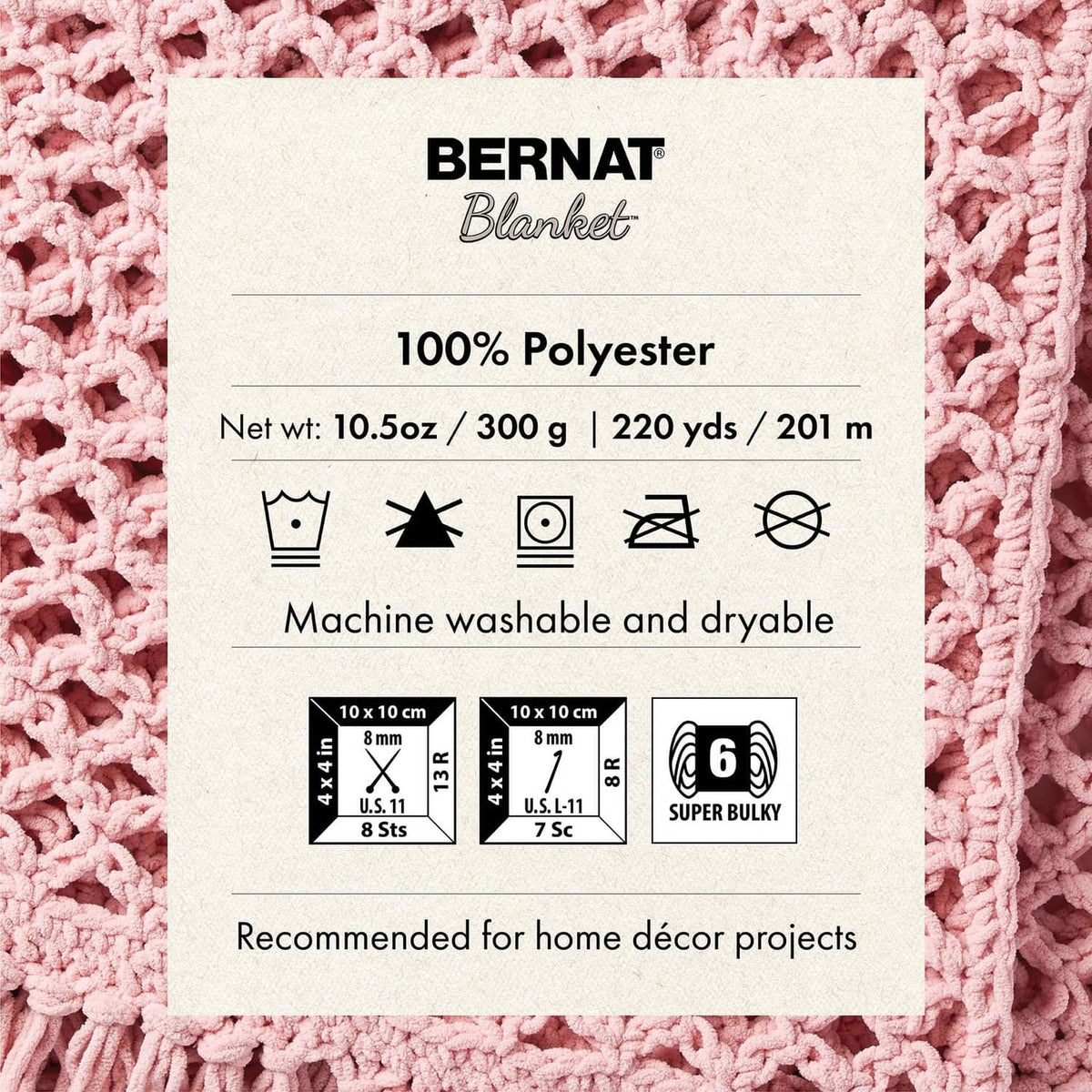 Bernat Blanket yarn label on textured pink chenille crochet fabric