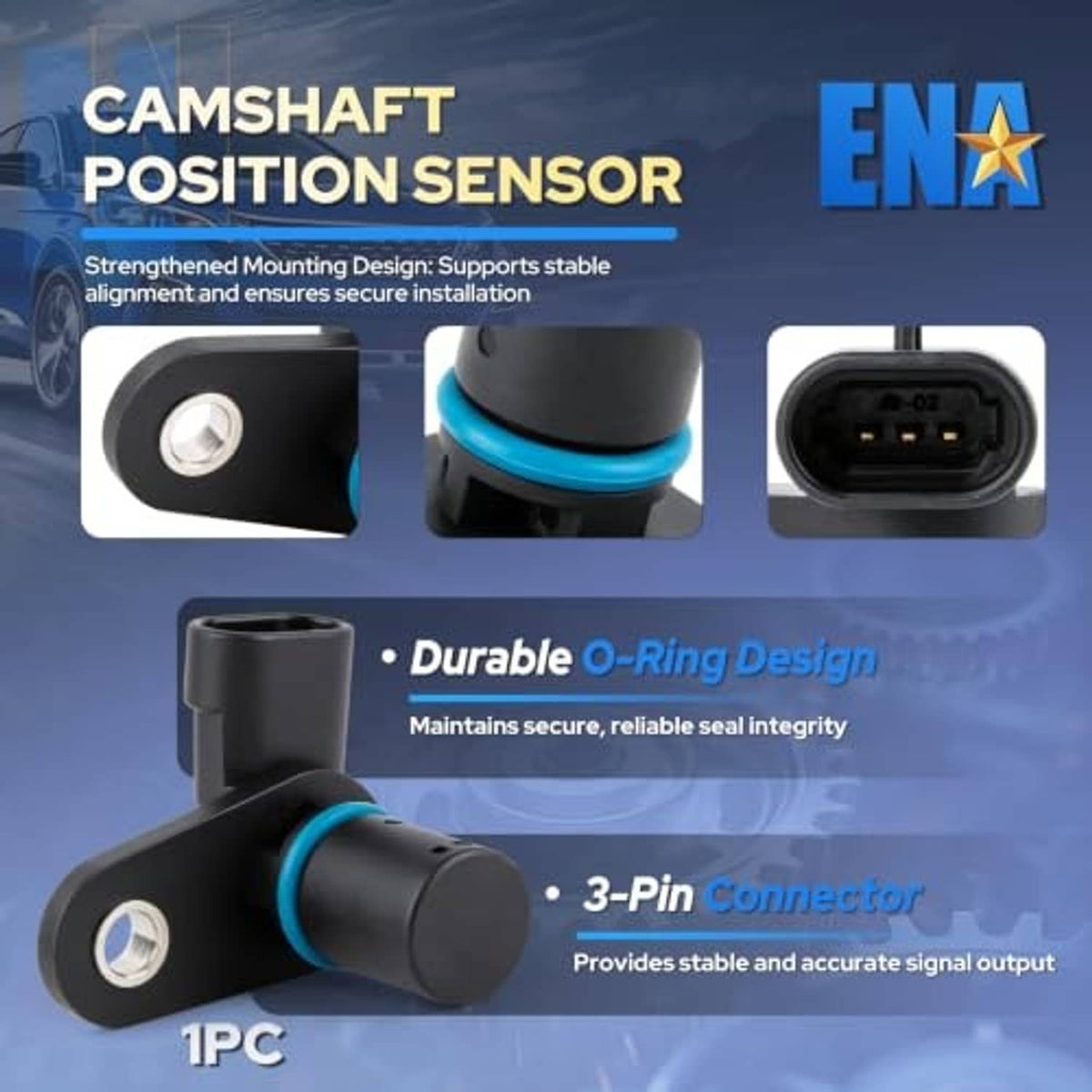 Camshaft position sensor diagram showing durable blue O-ring and 3-pin connector