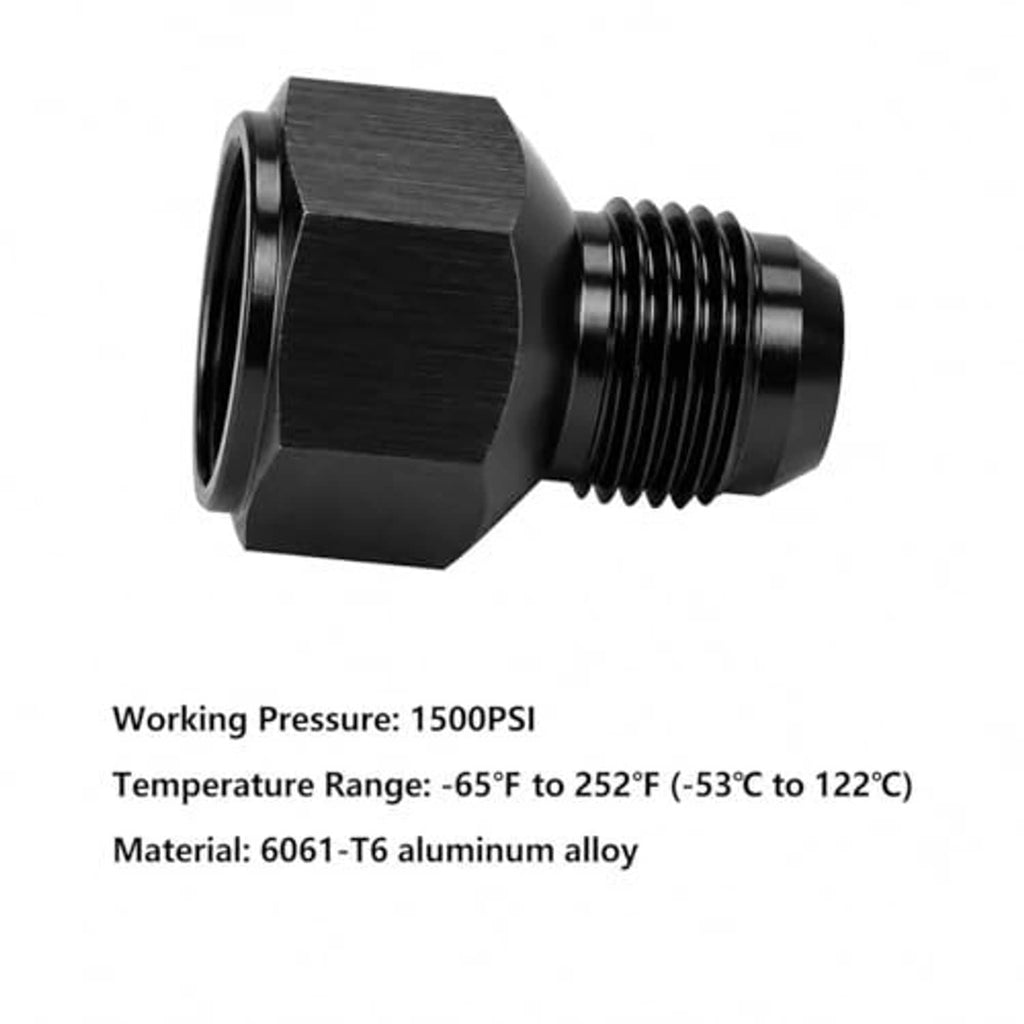 Black 10AN-to-8AN flare reducer adapter, threaded hex male end