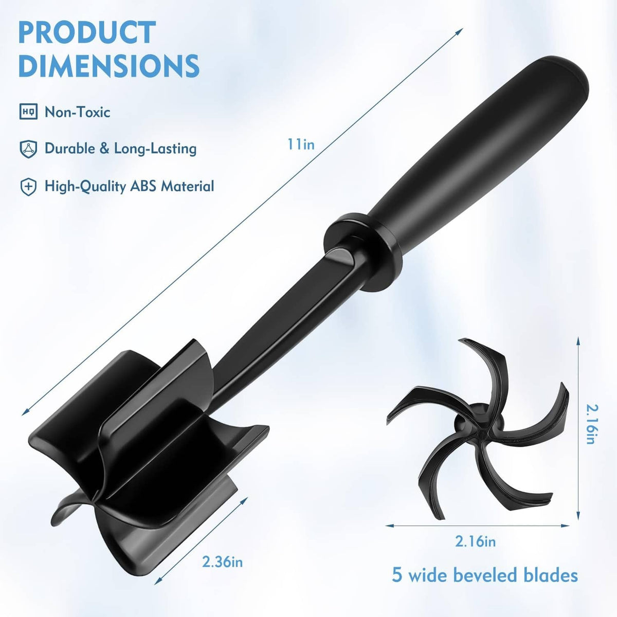 Black meat chopper tool with five wide-beveled blades and long handle