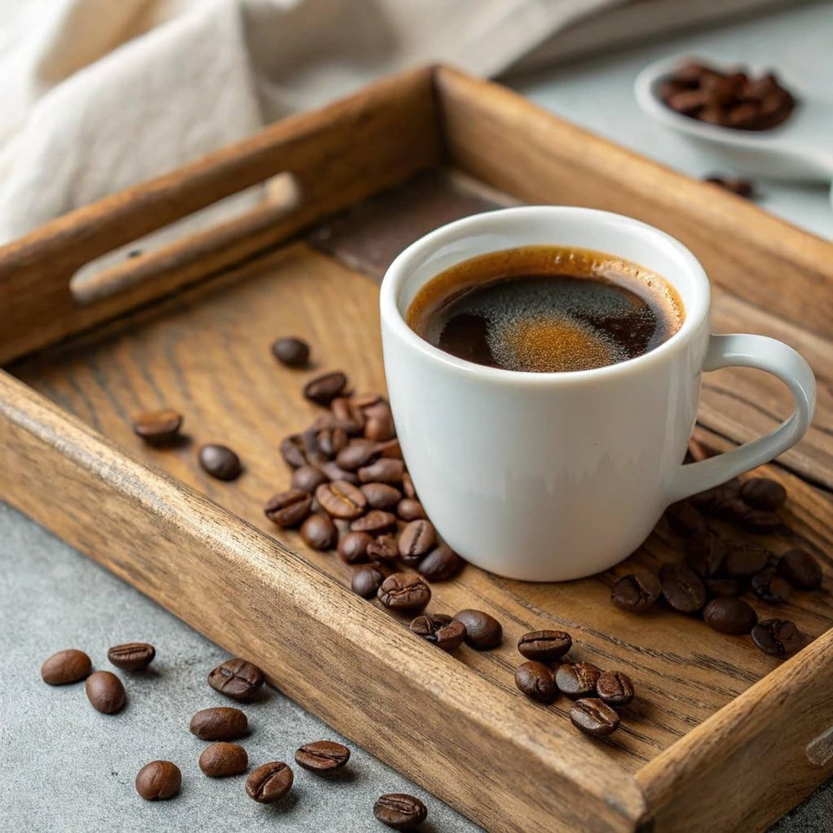 White espresso cup with crema and scattered coffee beans on a wooden tray