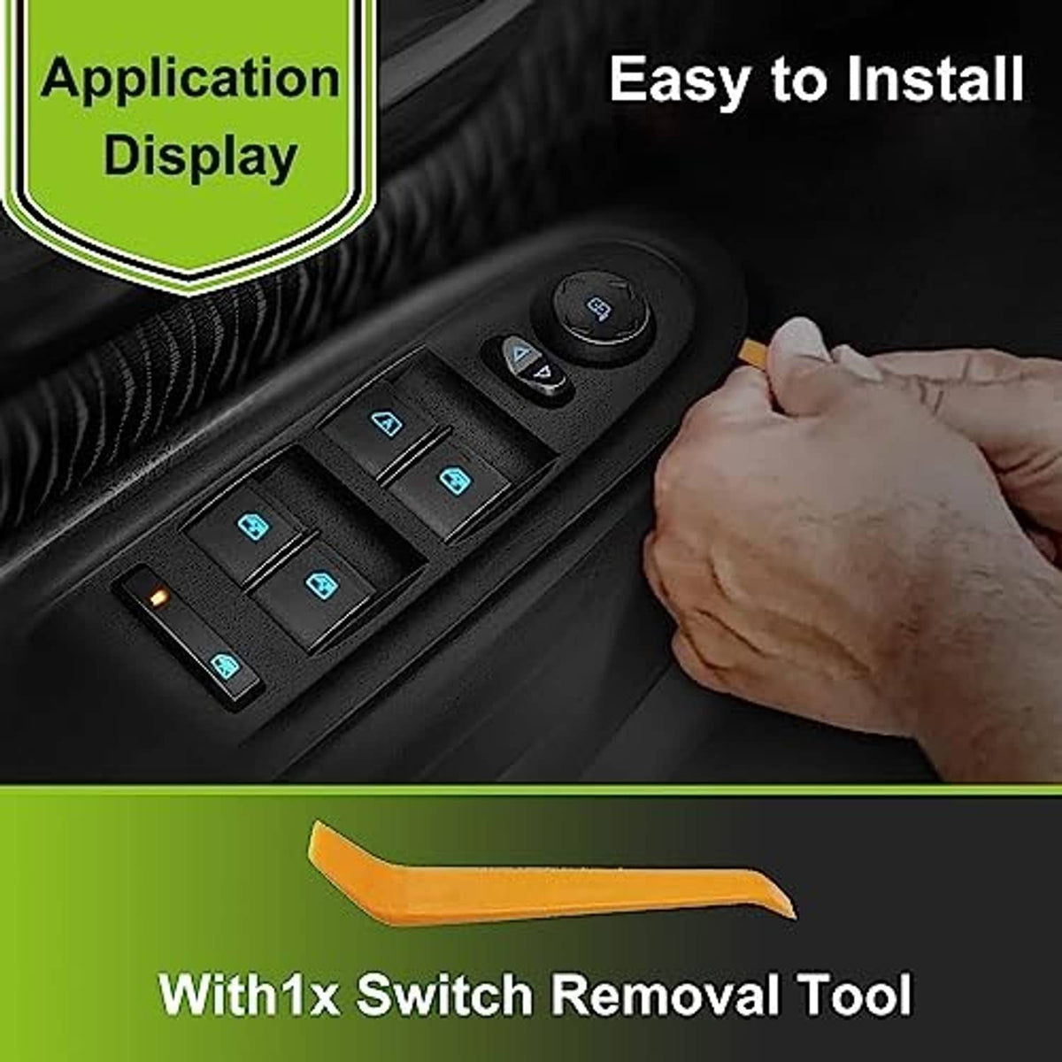 Black window switch panel with four rocker buttons and a hand holding switches