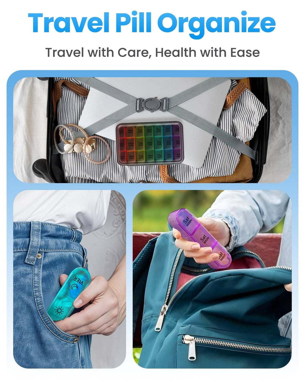 Travel pill organizer with colorful weekly compartments in a clear-lid case