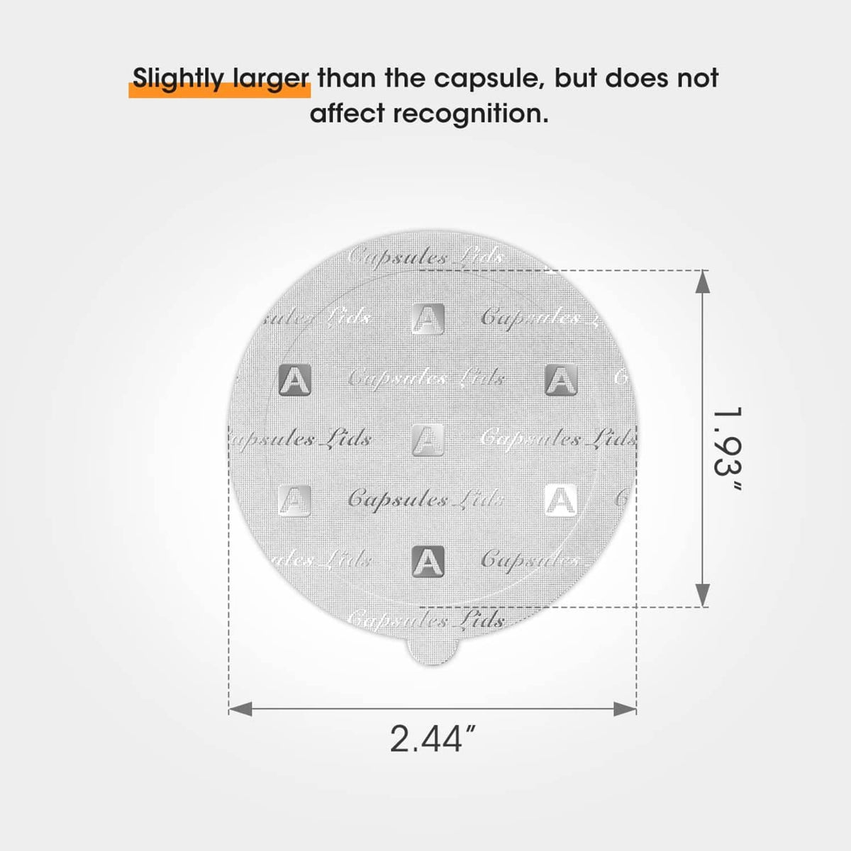 Round aluminum foil seal lid size diagram, silver disc for reusable coffee pods