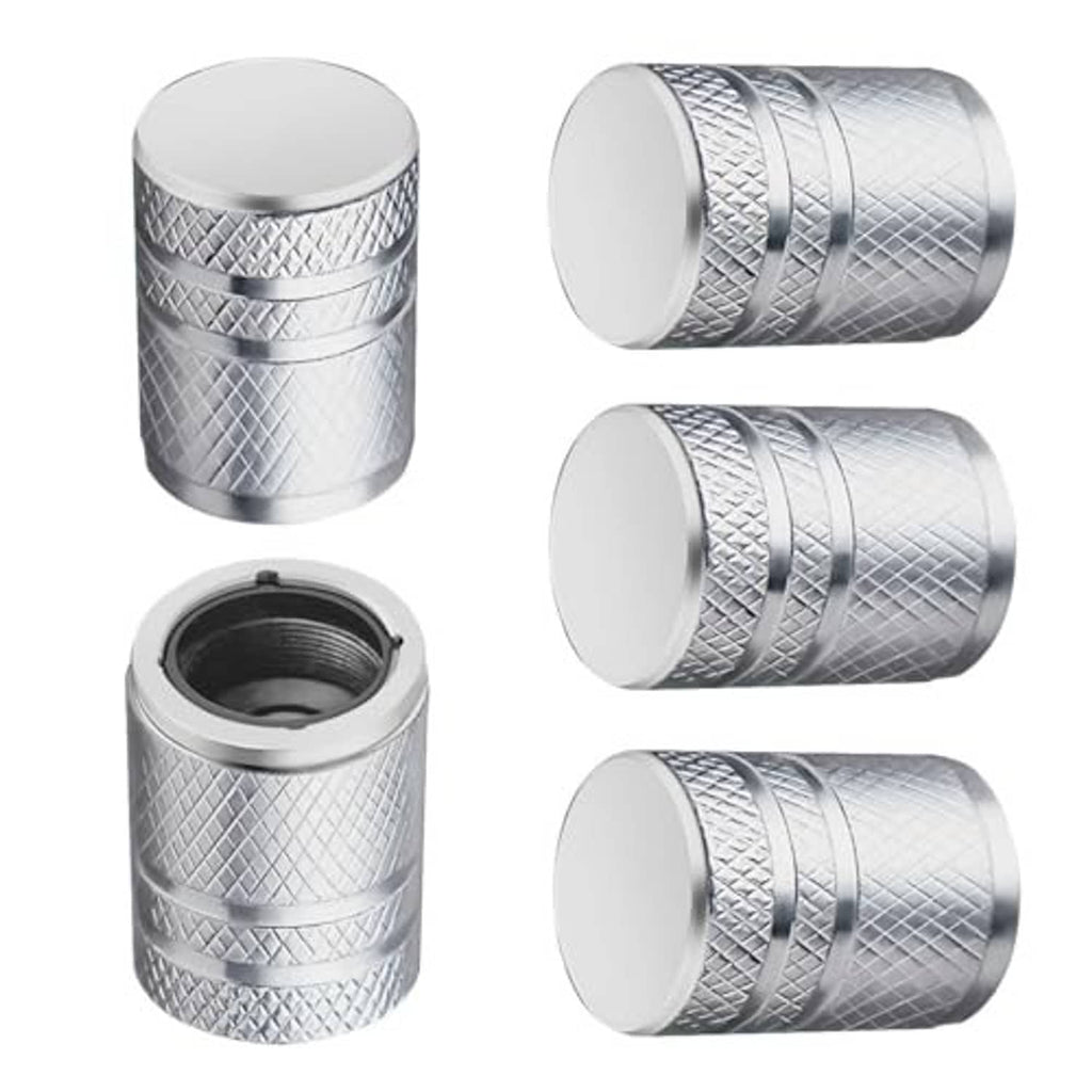 Silver metal tire valve stem caps, diamond pattern, one open cap showing threads, set of 5