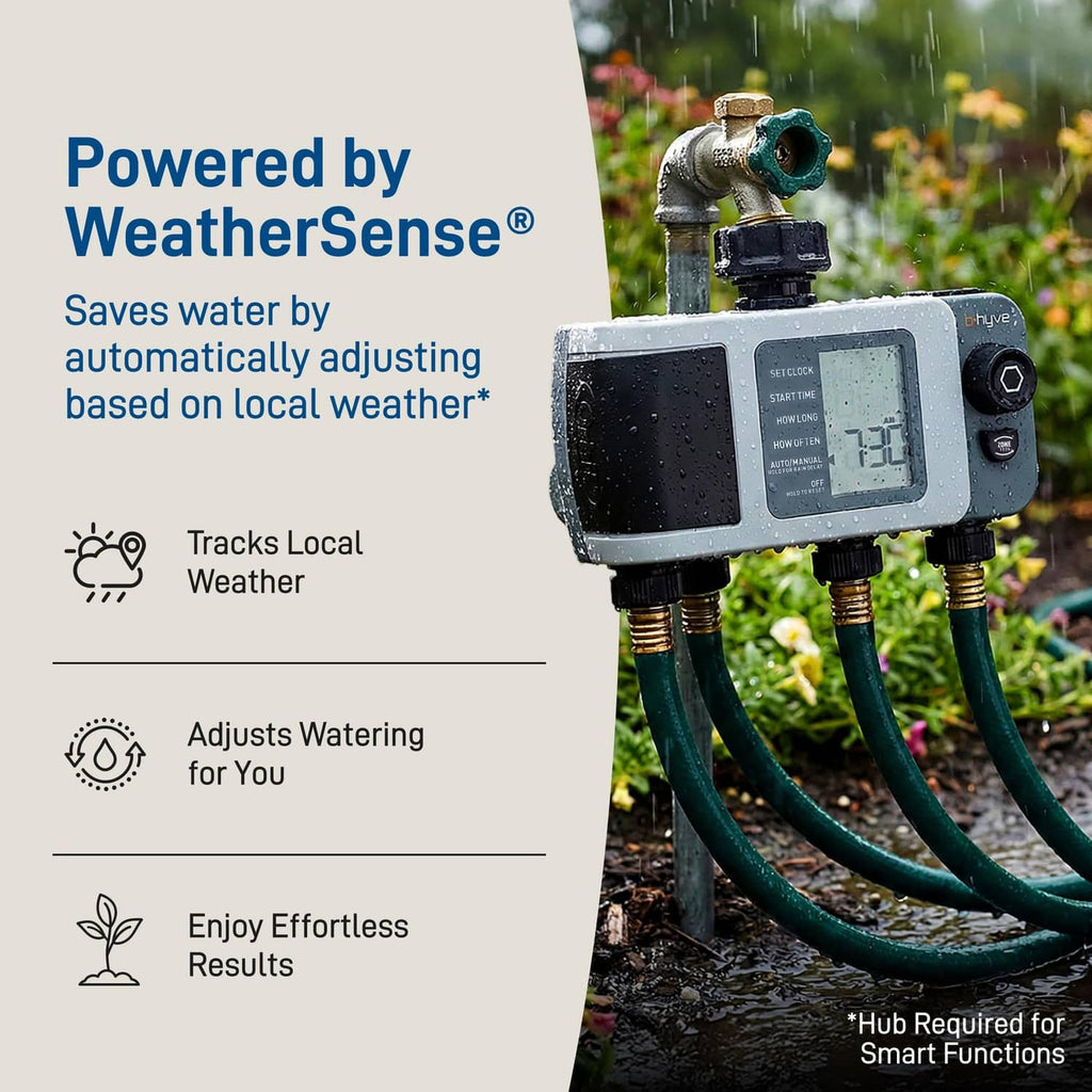 Gray 4-port smart hose timer with LCD display connected to brass spigot, wet with droplets
