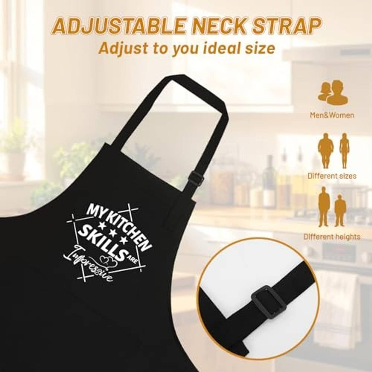 Black apron close-up showing adjustable neck strap with kitchen skills logo print