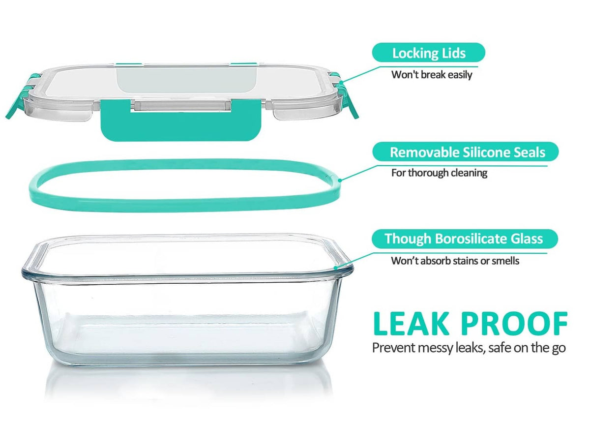 Clear glass meal prep container with removable silicone-seal lid and locking bar
