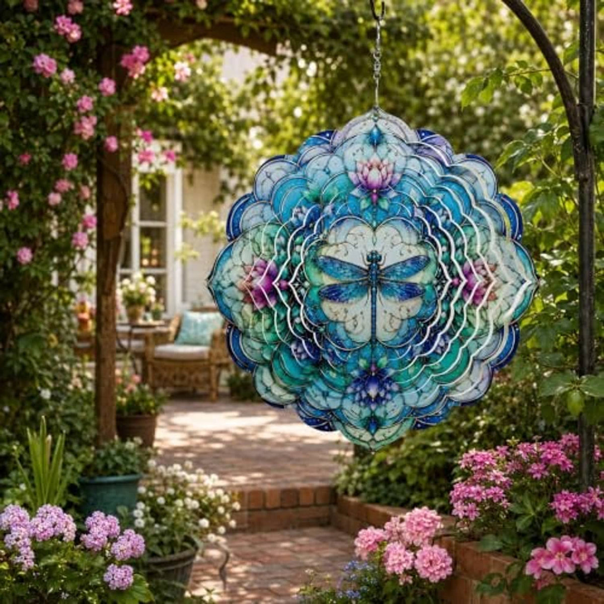 Hanging outdoor wind spinner featuring blue and purple lotus petals and dragonfly