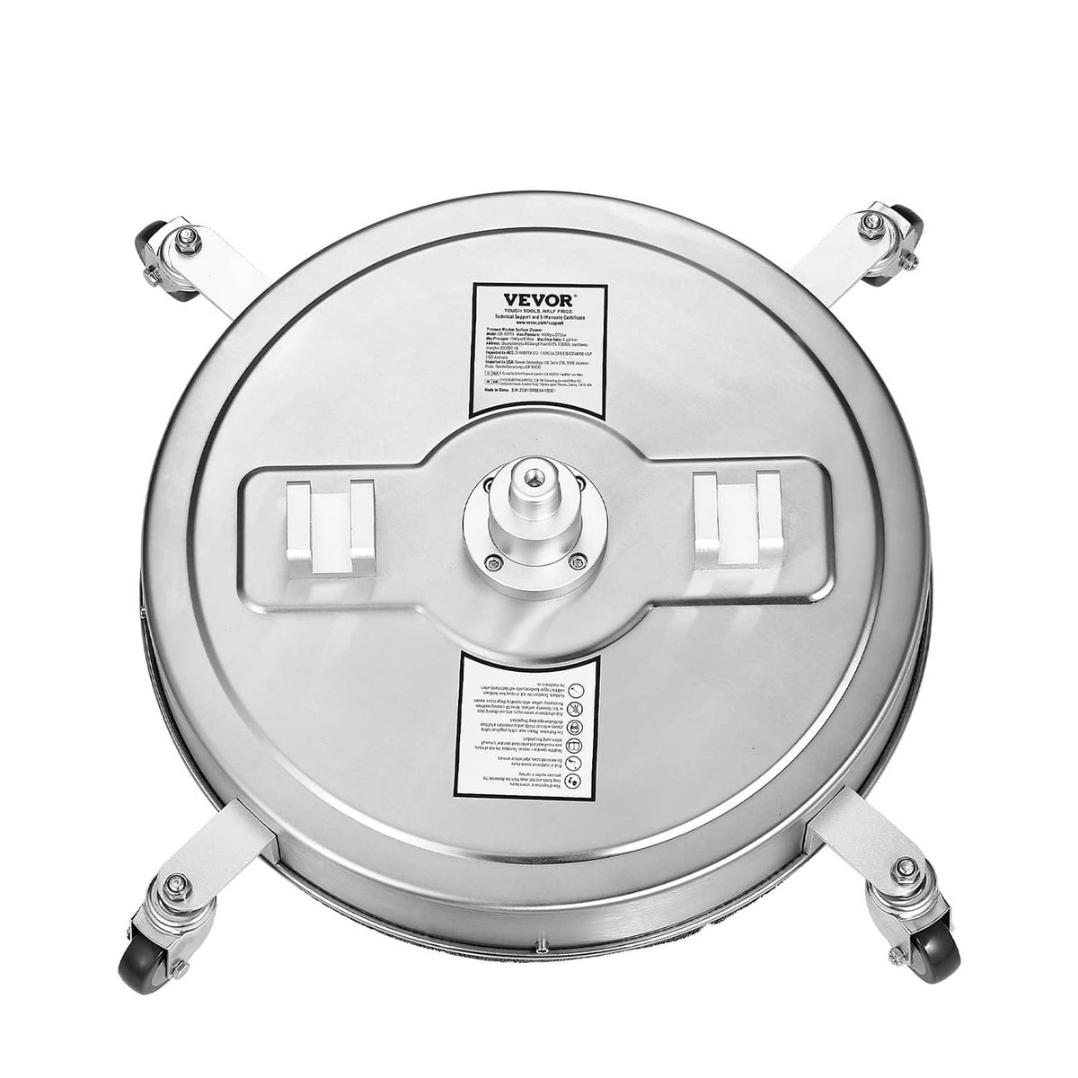 Stainless steel circular cleaning head with center hub and four mounting feet