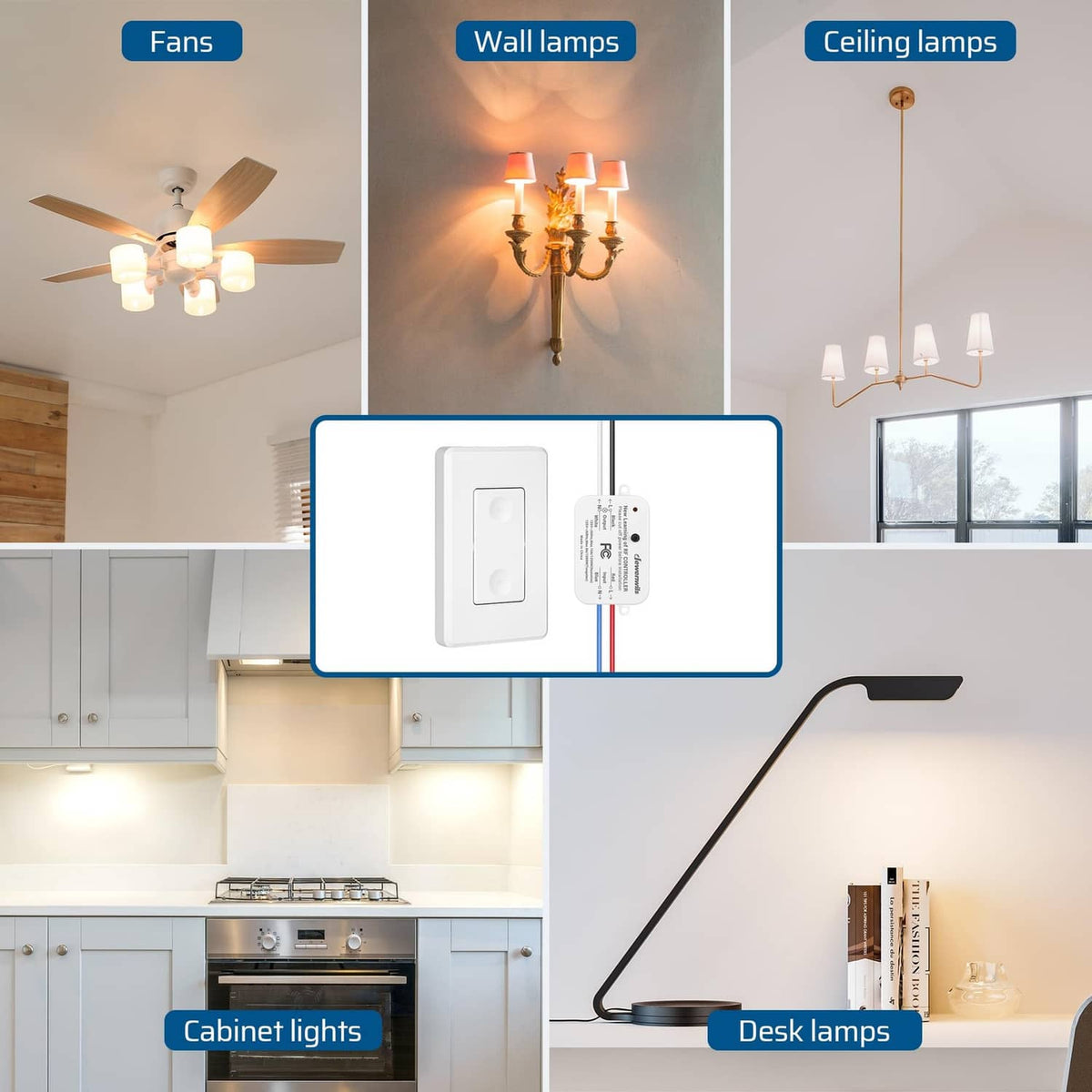 Wireless light switch and receiver kit with compact wall switch module