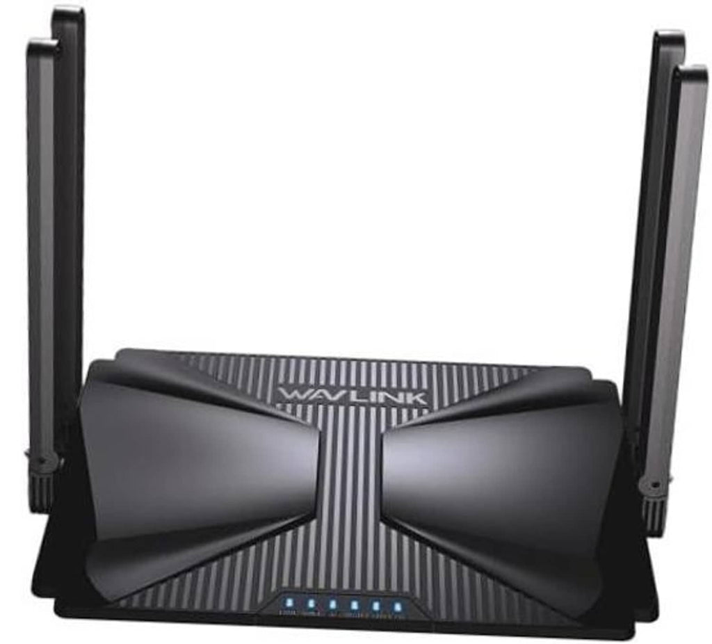 Black WiFi router with two tall antennas and bow-tie front panel, front LED status