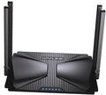 Black WiFi router with two tall antennas and bow-tie front panel, front LED status