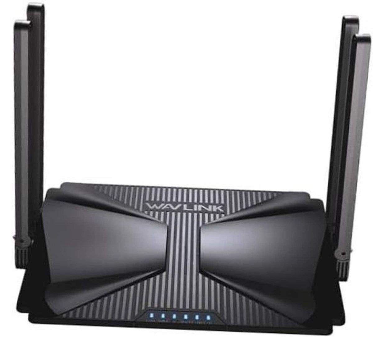 Black WiFi router with two tall antennas and bow-tie front panel, front LED status