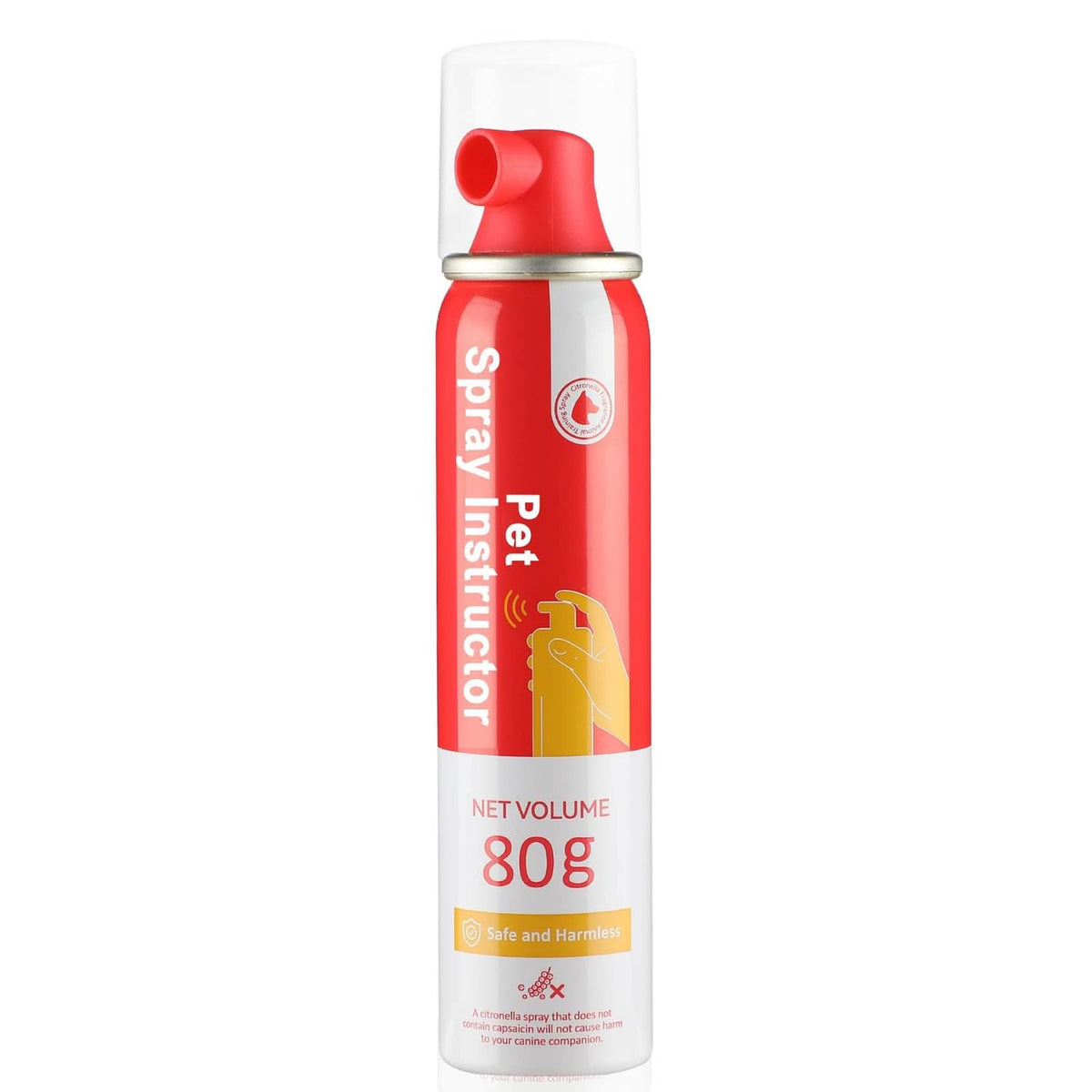Red-and-white pet spray bottle with red nozzle cap, front label showing 80 g net volume.