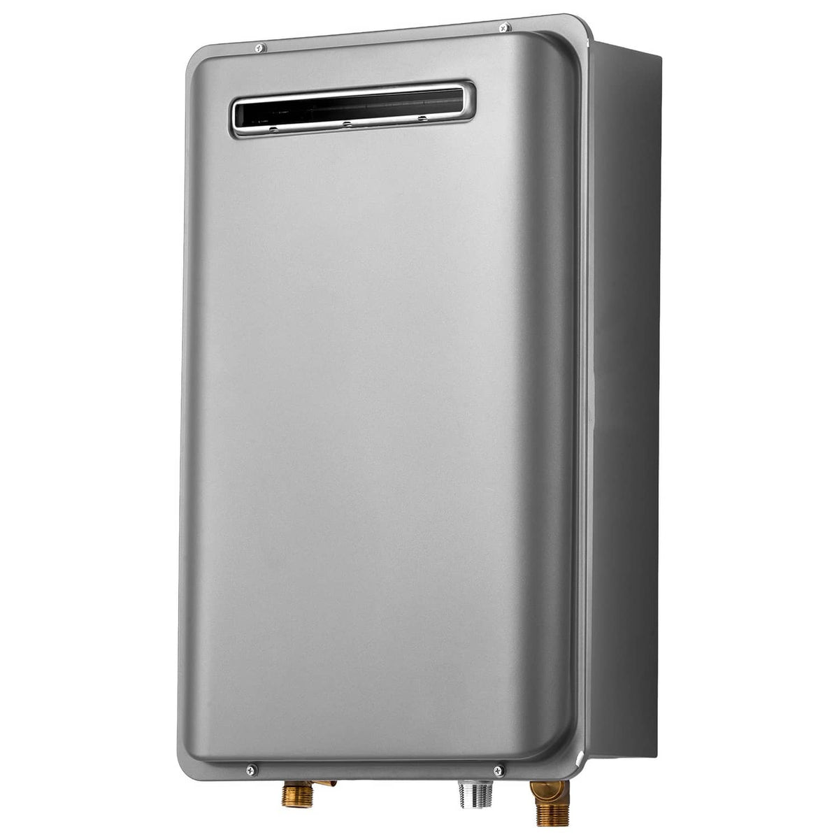 Propane tankless water heater, brushed gray metal front with brass inlet/outlet fittings