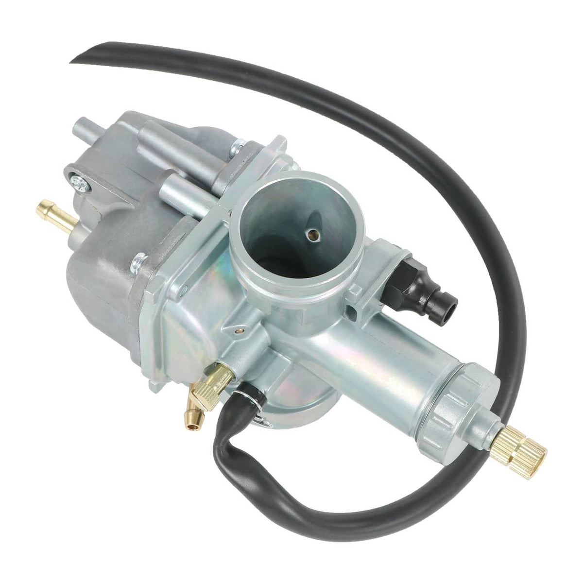 Carburetor with intake opening, black hose, and metal mounting bracket