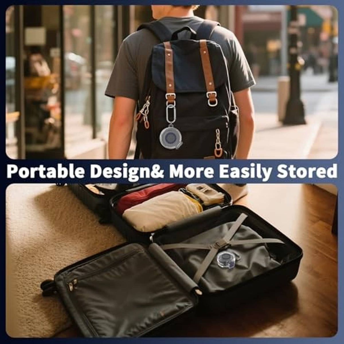 Portable clear charging protective case with black insert stored inside a travel bag