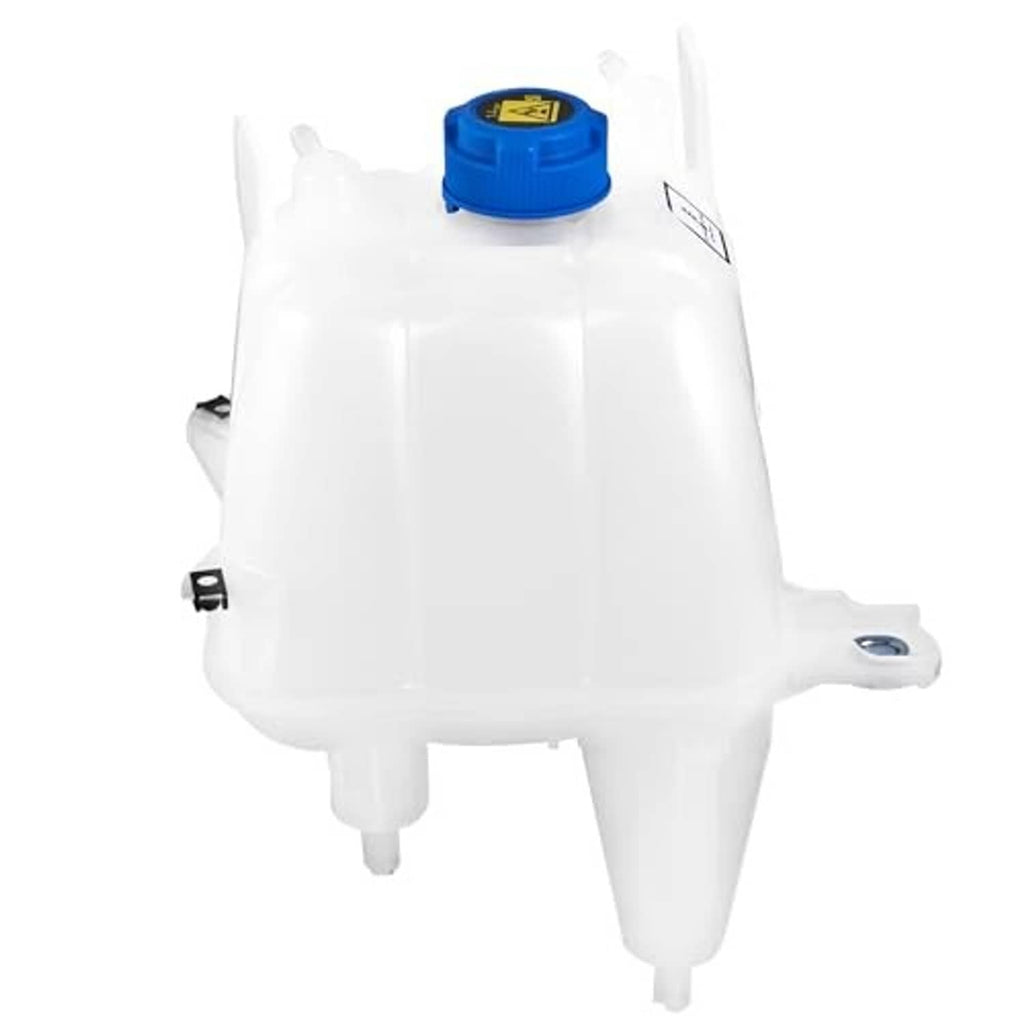 White coolant reservoir tank with blue fill cap and side mounting holes