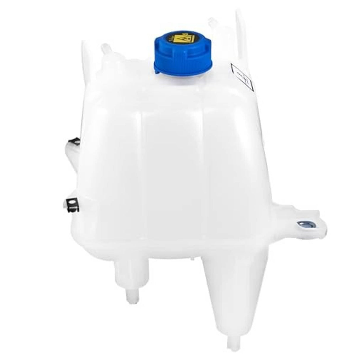 White coolant reservoir tank with blue fill cap and side mounting holes