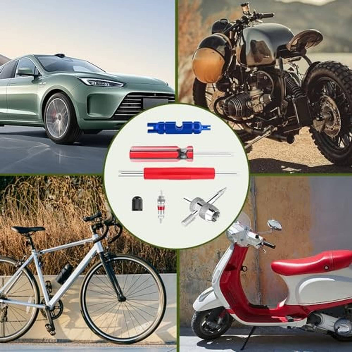 Tire valve repair tool kit for cars, motorcycles, bicycles, and bikes with red and chrome tools