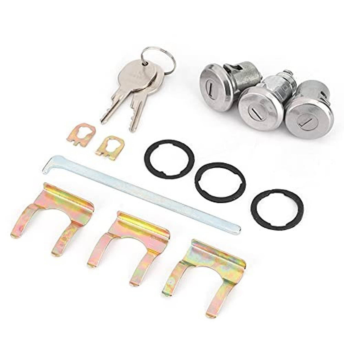 Lock cylinder kit with 3 metal cylinders, 2 keys, rubber O-rings, and mounting rods