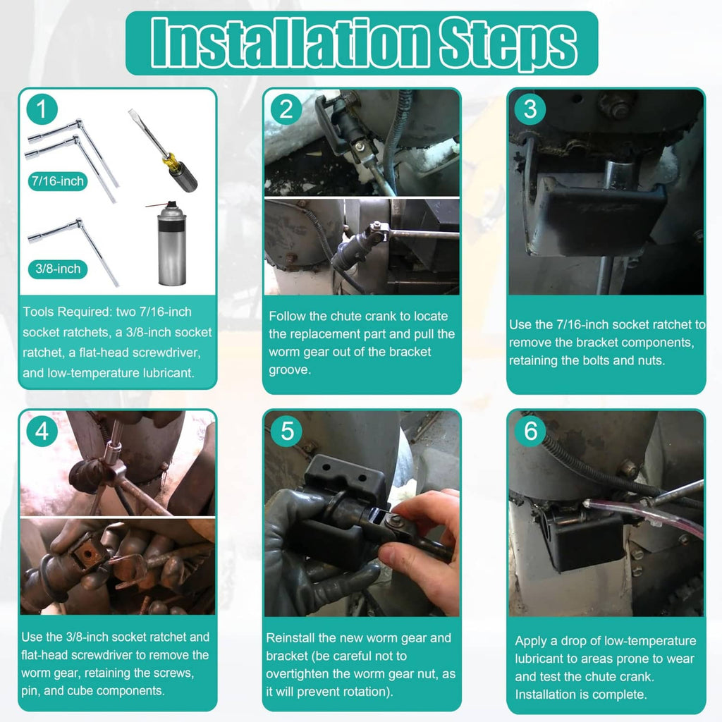 Black chute rotater installation step images showing bracket placement on housing