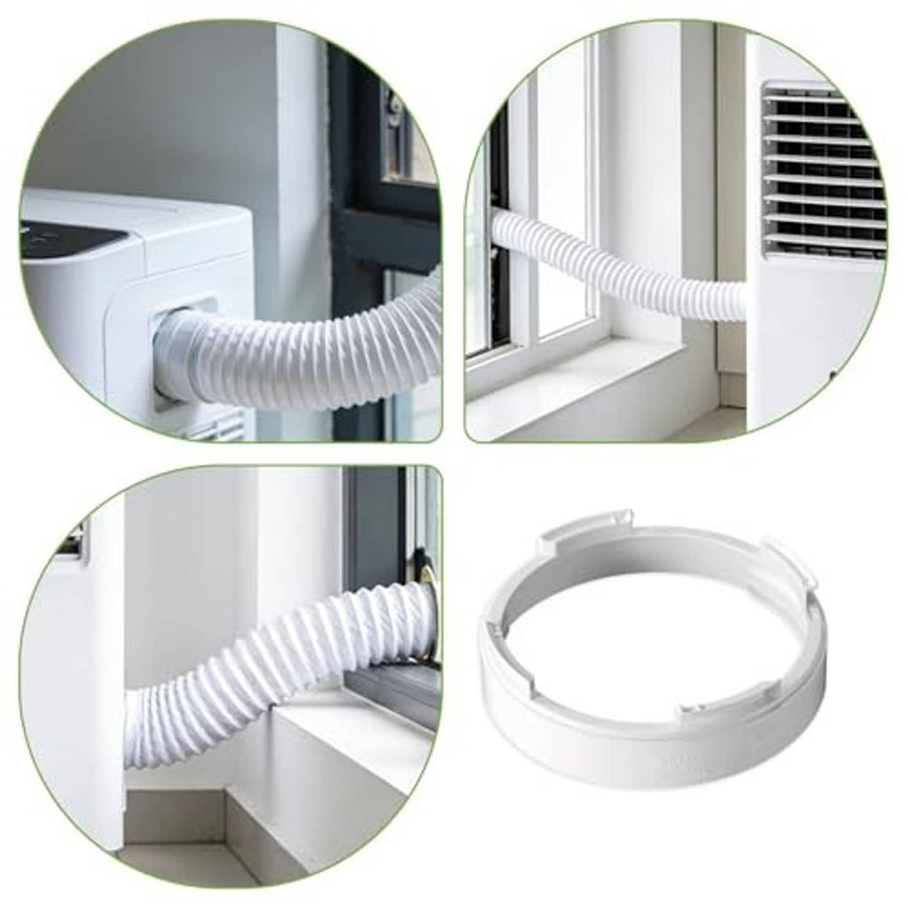 White plastic AC exhaust hose coupler ring shown from multiple angles with ribbed hose