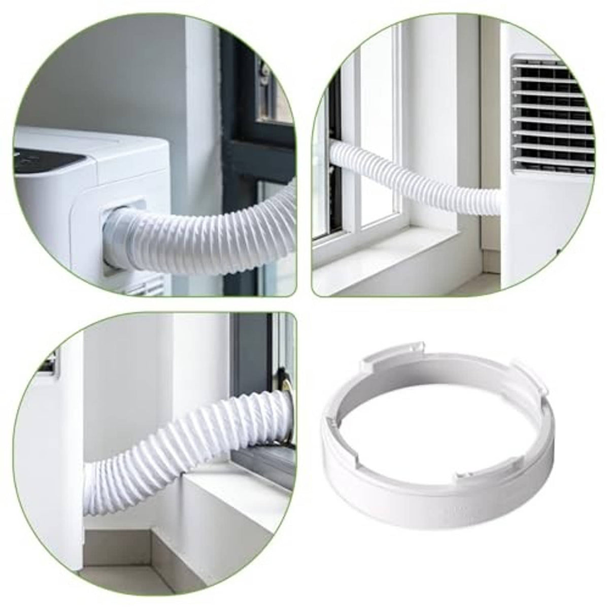 White plastic AC exhaust hose coupler ring shown from multiple angles with ribbed hose