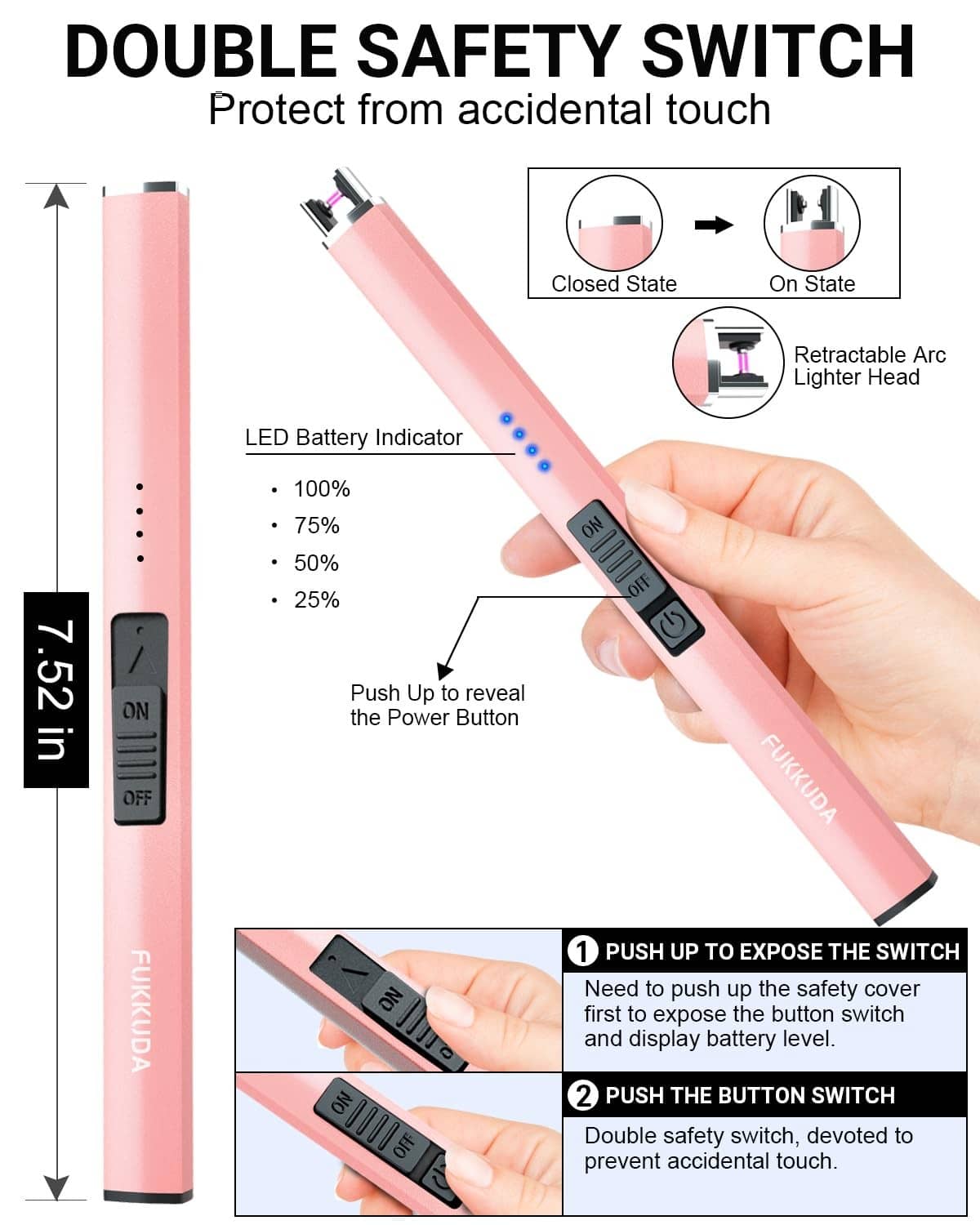 Rose gold electric lighter with double safety switch and LED battery indicator