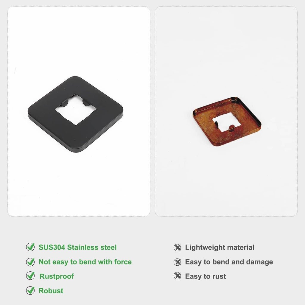 Two square shower arm flange covers: matte black and bronze with center cutout