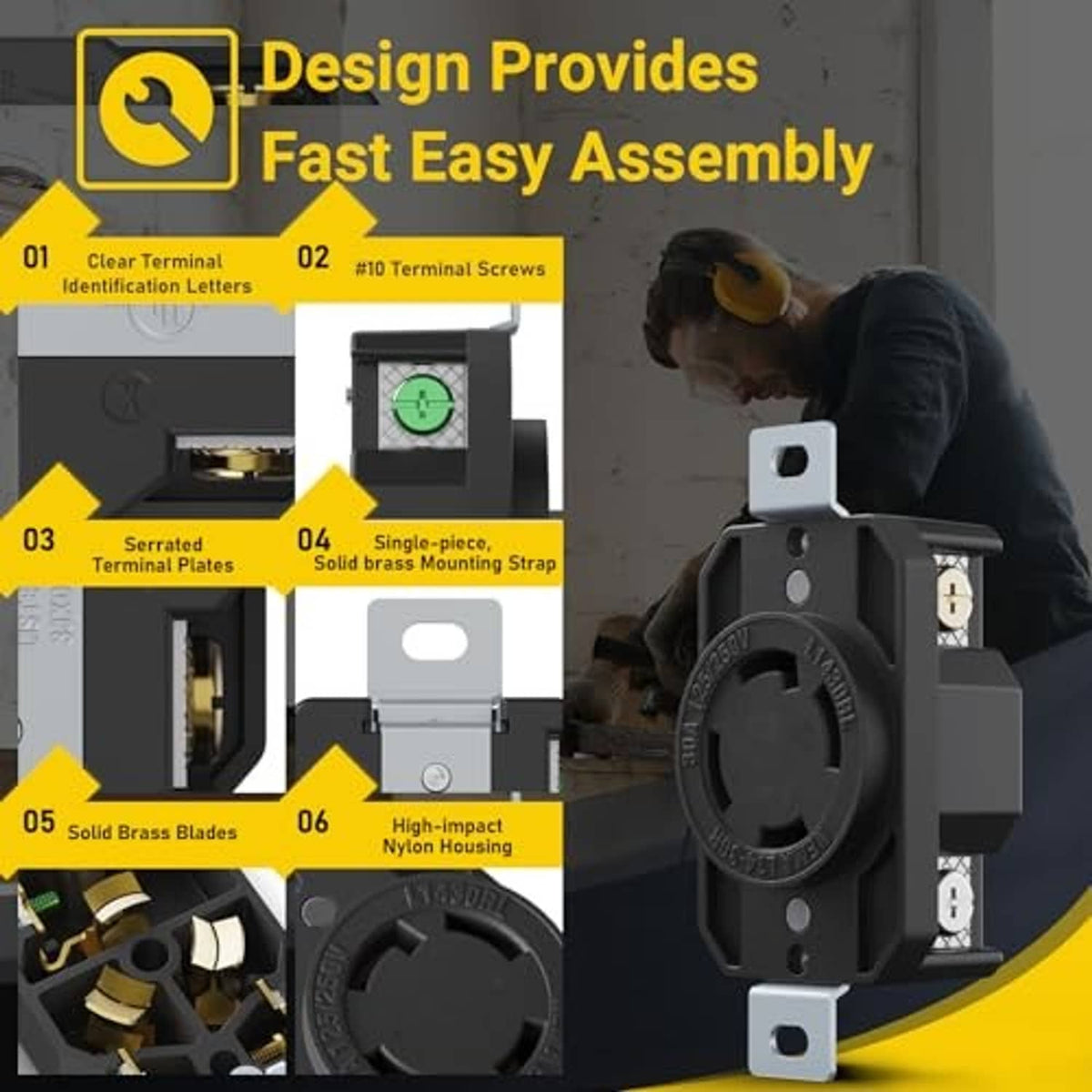 NEMA L14-30R locking receptacle showing internal terminals and mounting strap