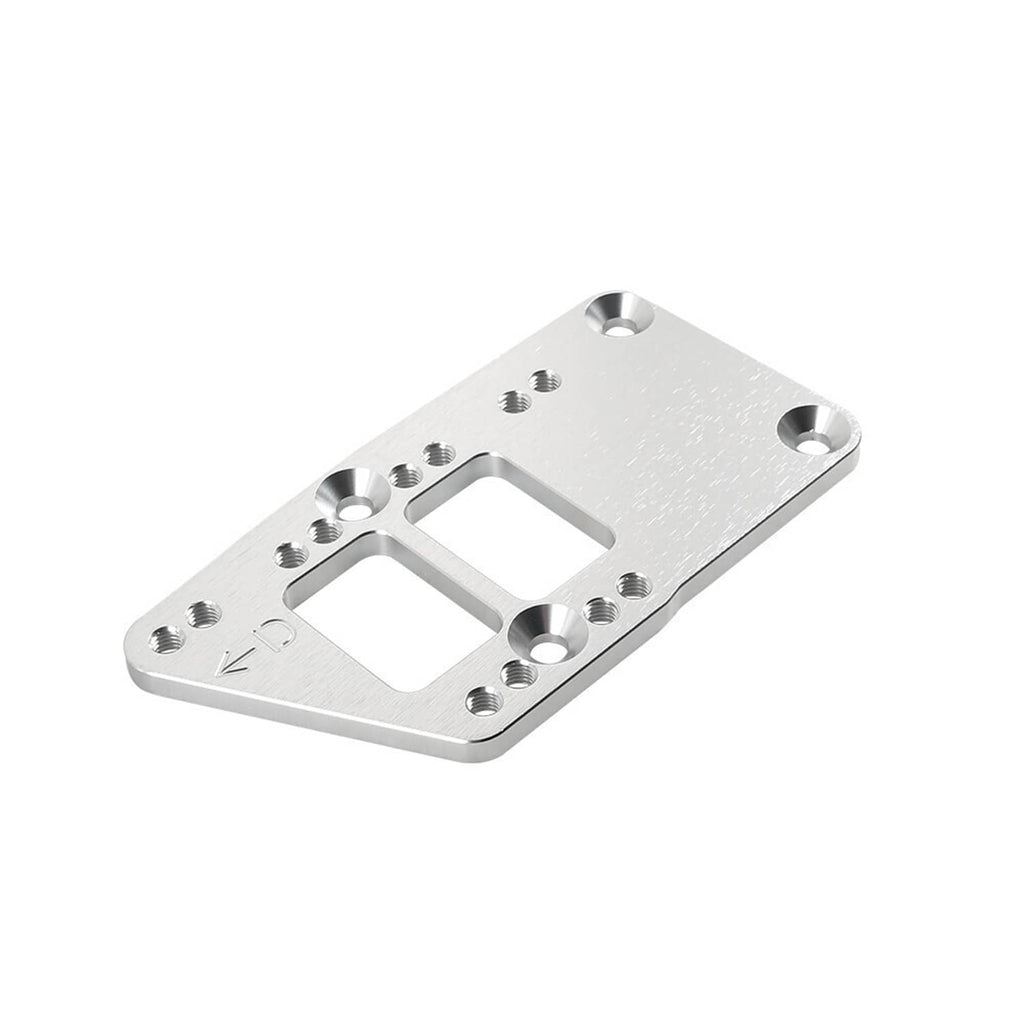 Engine motor mount adapter plate, silver metal with two cutouts and mounting holes