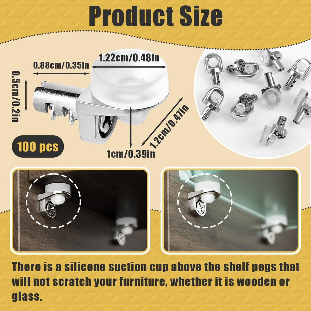 100 metal shelf pins with white silicone suction cups, showing product parts and sizes