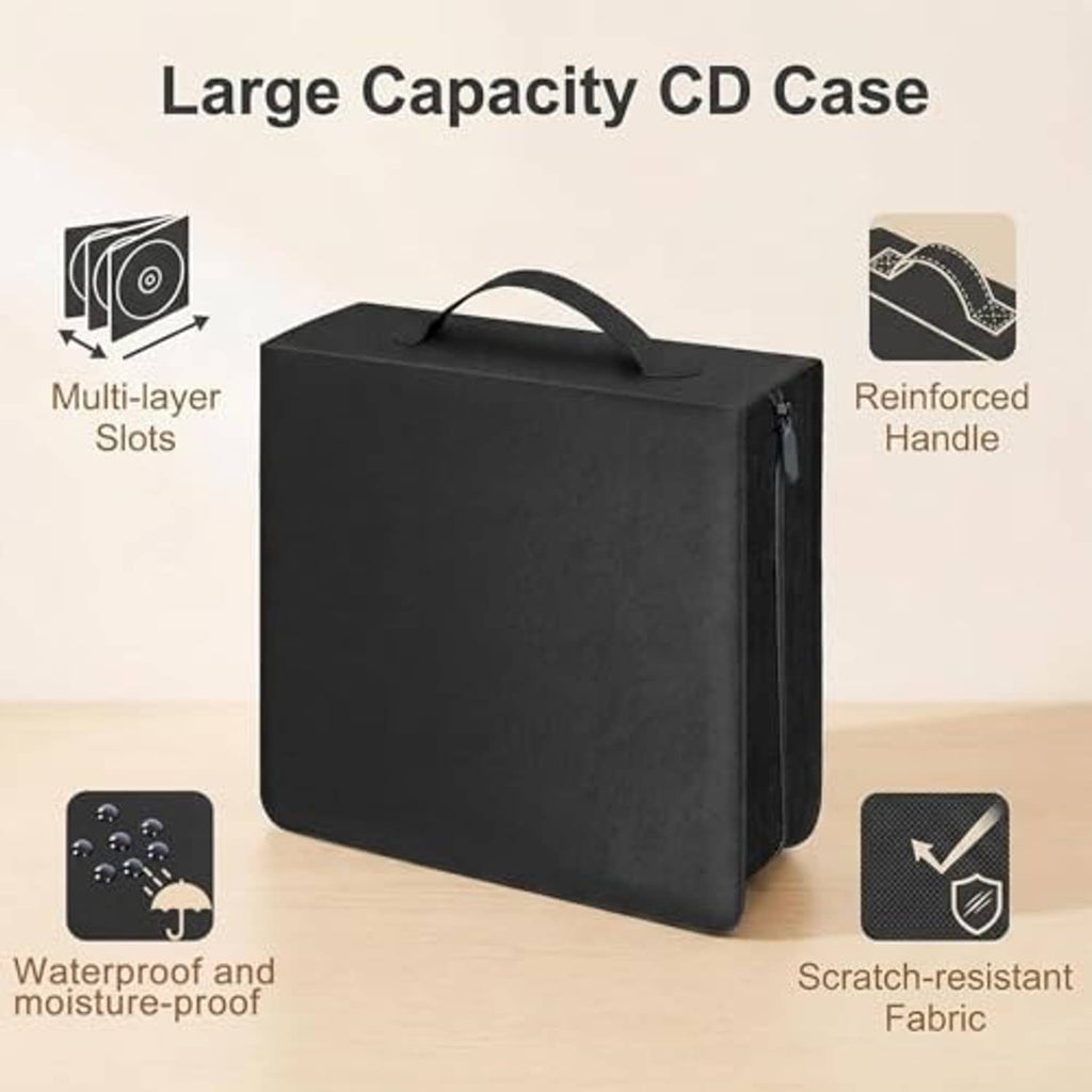 Black CD storage case with reinforced handle and scratch-resistant fabric, large capacity