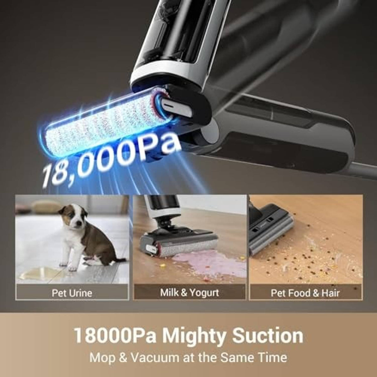 Vacuum mop cleaning head with rotating brush and suction nozzle, close-up detail.