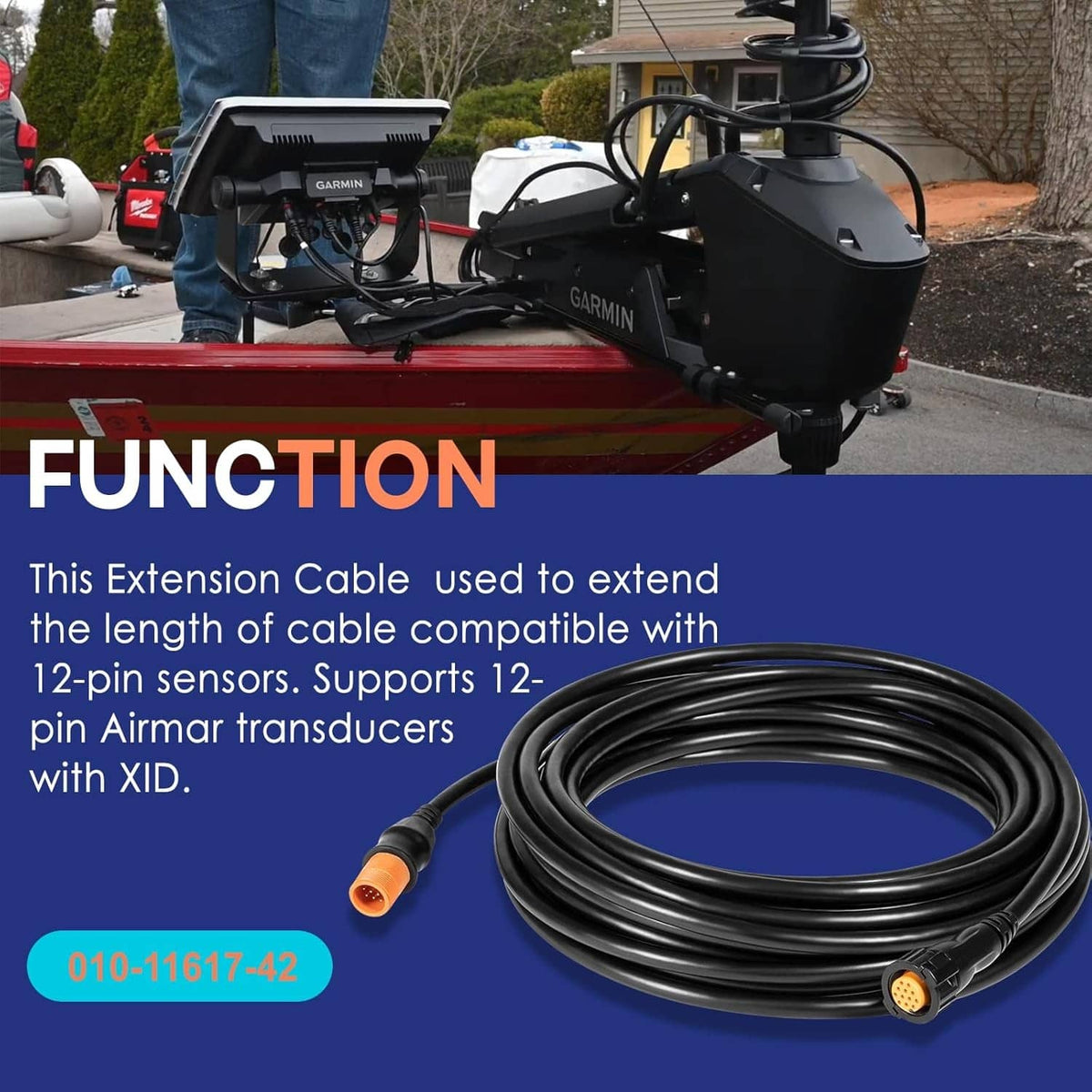 Black transducer extension cable with orange 12-pin connectors, coiled for marine use
