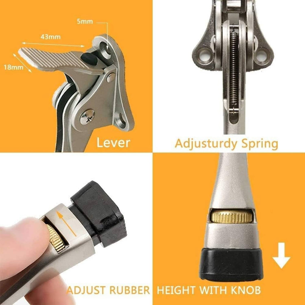 Adjustable kickdown door stopper lever with height knob and rubber adjuster