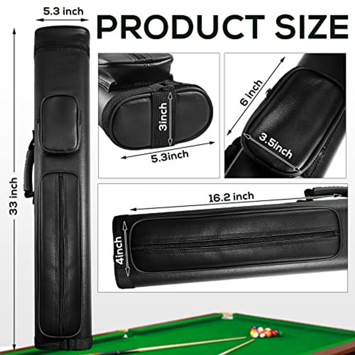 Black hard oval billiard cue case with padded end holder and stitched protective sides