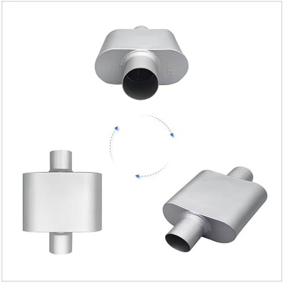 Aluminized steel single-chamber muffler with central outlet and side outlet opening, 2 angles