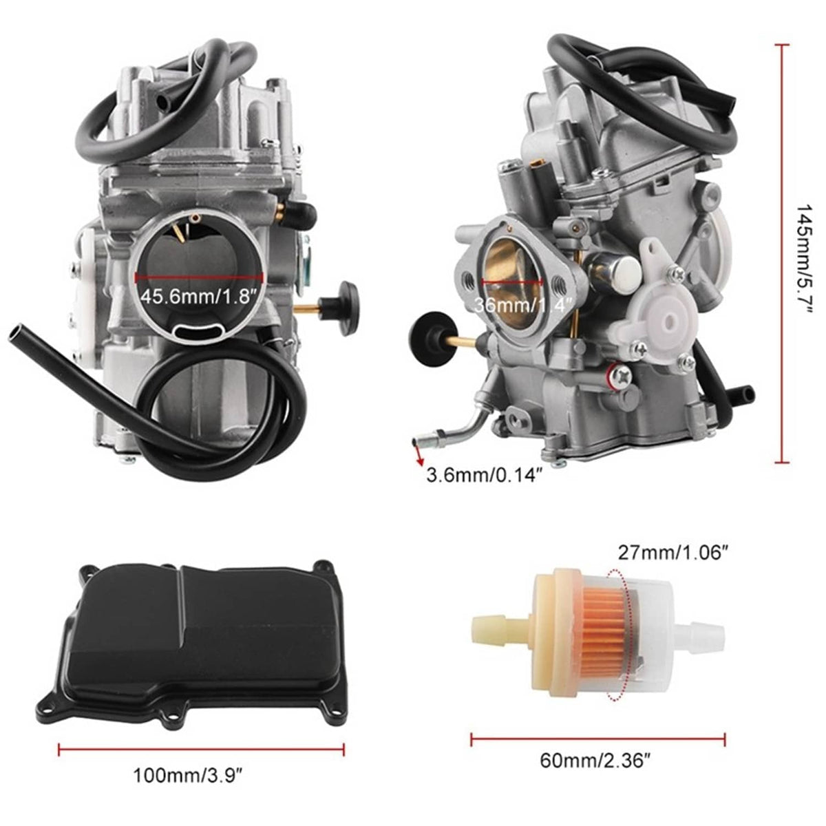 Carburetor assembly with base cover and fuel filter, with included fittings