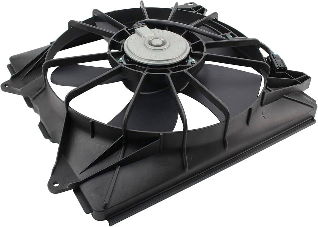 Black A/C condenser cooling fan with circular motor and blade grille housing